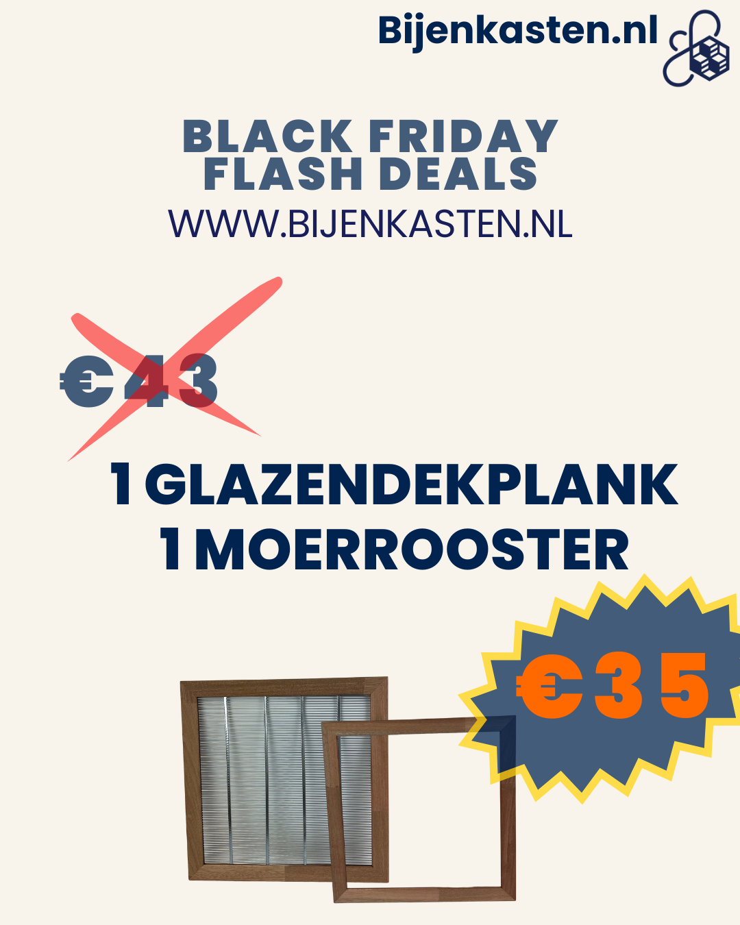 FLASH DEAL! Glazendekplank + moerrooster in hardhouten lijst SK